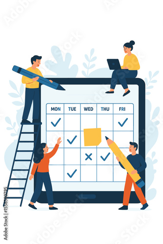 Teamwork scheduling tasks online. Tiny people plan weekly agenda on digital calendar tablet. Business time management, project organization, daily planner, teamwork, deadline, productivity concept