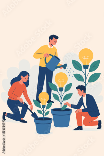 Teamwork nurturing creative ideas growth. People growing potted plants with light bulb flowers. Innovation, brainstorming, project development, business collaboration, inspiration, success metaphor.