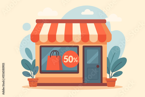 Modern flat vector illustration of retail store facade with striped awning, shopping bag, 50 percent discount sale sign, storefront window, plants, promotional flyer, poster, banner, commercial offer