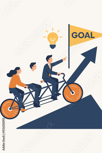 Teamwork success concept. Business people riding tandem bicycle uphill toward goal flag. Leadership, motivation, collaboration, innovation, energy, achieving objectives, idea light bulb, career growth