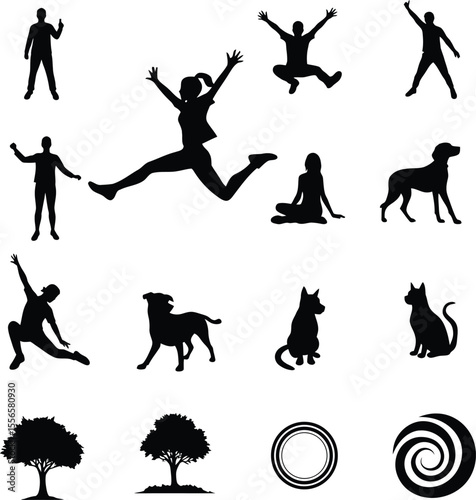 Comprehensive vector illustration showcasing a versatile collection of black silhouettes, including dynamic human poses, animals, and natural elements, ideal for diverse design projects.