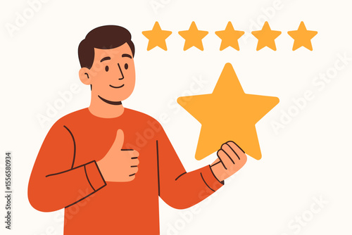 Five star rating vector illustration. Customer satisfaction, positive feedback, quality review concept. Cartoon man holding star, showing thumbs up. Service evaluation, best performance, testimonial.