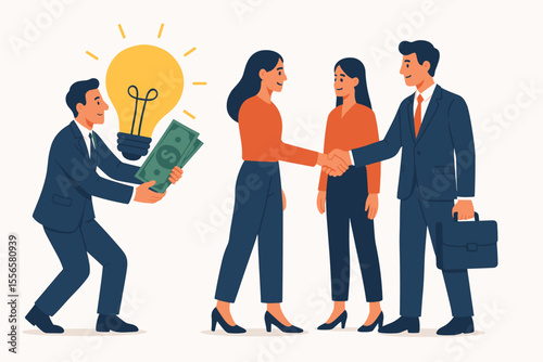 Business investment concept, investor funding creative idea, team partnership handshake, successful business collaboration, financing innovative projects, teamwork, money and idea exchange