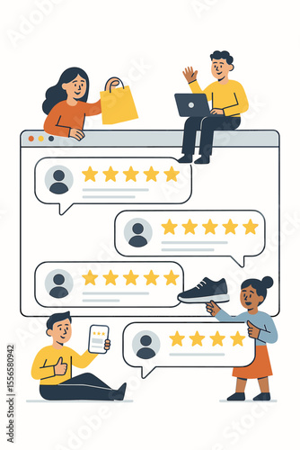 Online Shopping Reviews Vector Illustration. People Leave Product Ratings, Write Feedback, Share Experiences. E-commerce Customer Testimonials, Internet Store, Digital Marketing Concept, User Opinions