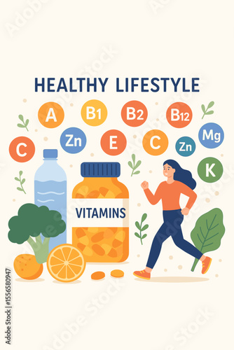 Healthy Lifestyle Concept with Vitamins, Minerals, Nutrition, Exercise, Water, Fruits, Vegetables, Multivitamin Complex Icons, Flat Cartoon Vector Illustration for Wellness and Diet Promotion