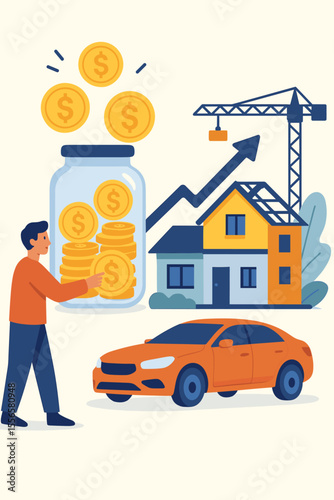 Financial investment and savings concept illustration. Man saving money in jar, investing in real estate, housing construction, buying car. Modern flat vector, economic growth, wealth management