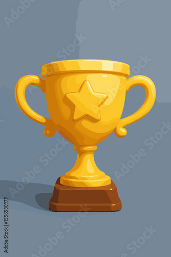 Golden 3D trophy cup with a star. Winner's prize and sport award for first place. Champion achievement concept for success and victory. Isolated 3D cartoon vector illustration.