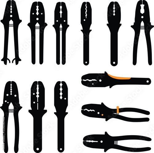 Comprehensive vector illustration showcasing various wire strippers and crimping tools in sleek black silhouettes, essential for electrical work, DIY, and handyman design projects.