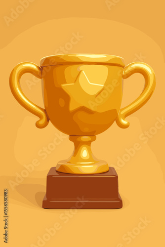 3D golden trophy cup with star on yellow background. Cartoon winner prize, sport award for champion. Success and victory concept. First place achievement vector illustration.