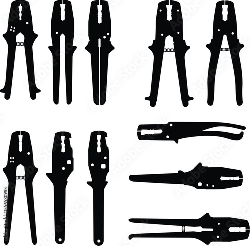 Comprehensive vector illustration showcasing various wire strippers and crimping tools in sleek black silhouettes, essential for electrical work, DIY, and handyman design projects.