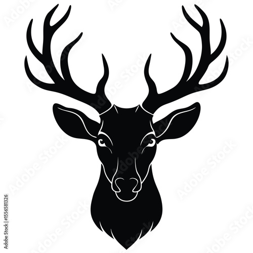 Deer head icon with antlers in bold black minimal hunting style design silhouette vector