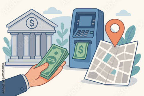 Banking and financial services concept with hand getting cash from an ATM. Finding bank or ATM location using a GPS map navigator. Money withdrawal and finance vector illustration.