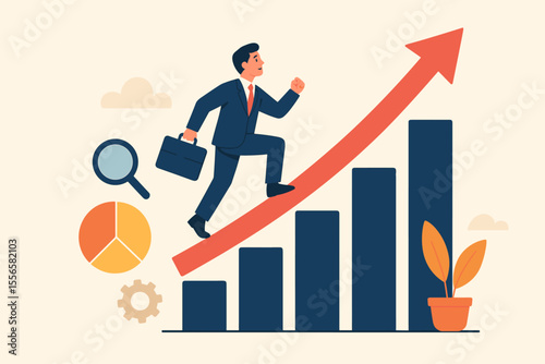 Businessman running up rising bar chart arrow. Career growth, business success, and financial development concept. Metaphor for ambition, leadership, analysis, and scale up.