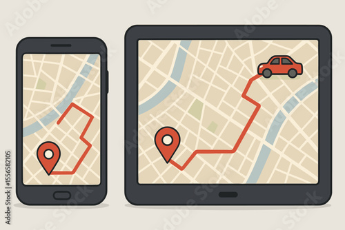 GPS navigation app on smartphone and tablet. City map with car route and destination pin. Mobile cartography technology for location tracking. Finding driving directions concept.