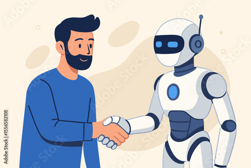 Human and robot handshake vector illustration. Concept of future technology, partnership, agreement, trust, and artificial intelligence. Man and AI bot collaboration. Modern cartoon.