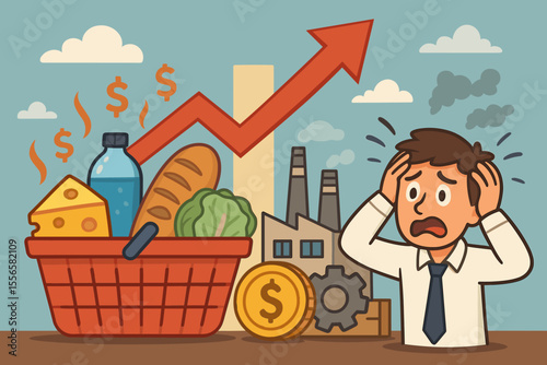 Inflation and rising costs of living concept. Stressed man worried about food price increases and the economic crisis. Grocery basket with a rising graph arrow. Financial instability.