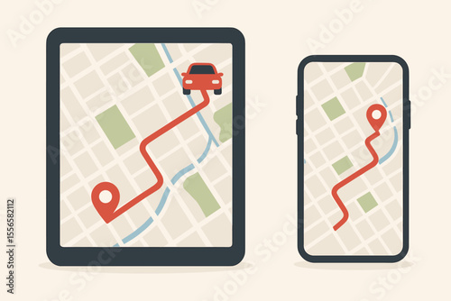 GPS navigation app on tablet and smartphone screen. City map showing a paved route from a location pin to a car destination. Mobile tracking and cartography display vector concept.