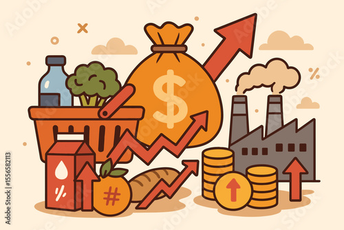 Inflation concept of rising costs and economic instability. Impact on consumer goods prices and production expenses. Financial crisis, increasing grocery prices. Vector illustration.
