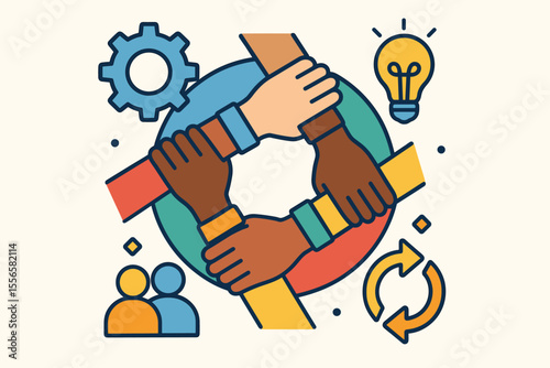 Teamwork and cooperation concept. Diverse hands in a circle. Symbol of partnership, unity, support, and community. Business collaboration, synergy, and creative ideas. Vector illustration.