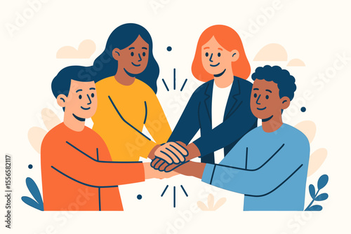 Teamwork and cooperation concept. Diverse group of people putting their hands together. Symbol of unity, partnership, and support. Community of friends or colleagues collaboration.