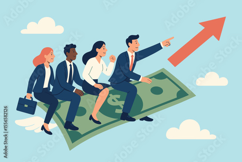Diverse business team teamwork for financial success. Colleagues flying on a money bill following a growth arrow. Metaphor for partnership, investment, leadership and profit. Vector.