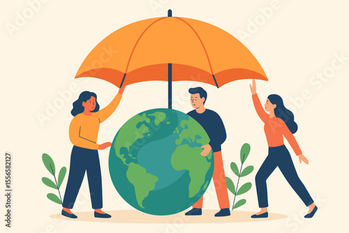 Environmental protection concept with team holding umbrella over Earth. Metaphor for teamwork, conservation, climate change action, sustainability, saving our planet. Flat vector cartoon.
