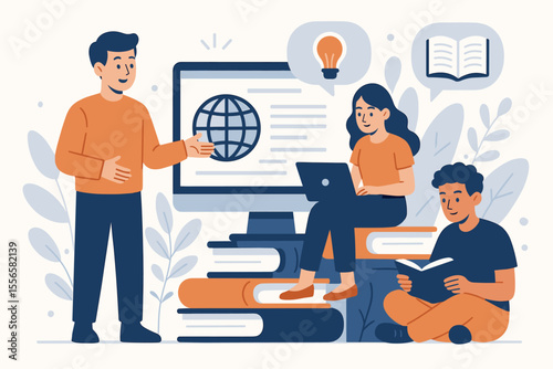 Blended learning and e-learning concept. Teacher mentoring students who study with books and laptop. Online education, knowledge, webinar. Modern flat vector cartoon illustration.