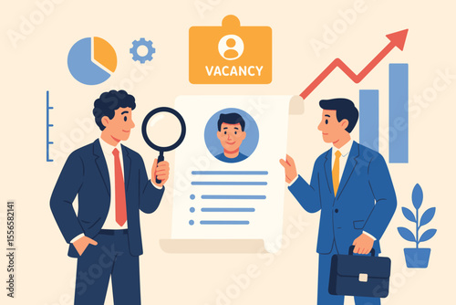 Recruitment concept with HR managers looking for a new employee. Businessmen analyzing a candidate's CV resume with a magnifying glass. Open job vacancy and hiring process illustration.