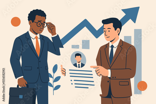Hiring managers reviewing resume for job vacancy. Recruitment concept with diverse businessmen analyzing candidate CV. Human resources and company growth for an open career position.