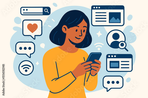 Social media communication concept. Woman with smartphone chatting online. Internet networking, messaging, searching web, digital life. Mobile app interface with icons. Flat vector illustration.