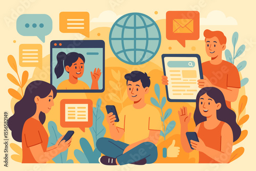 Vector illustration of communication through the internet and social networks. People using phones for chat, video calls, messages, news, and searching friends. Mobile web graphics.