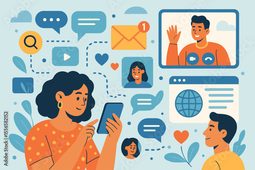Vector concept of online communication and social media. Woman using smartphone for video call, chat, messaging, and finding love. Digital networking and internet browsing flat illustration.