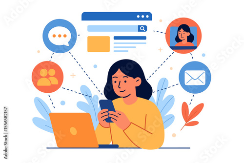Digital communication concept. Woman using internet on phone and laptop. Social media, networking, chat, video call, message, email. Online connection and technology vector.