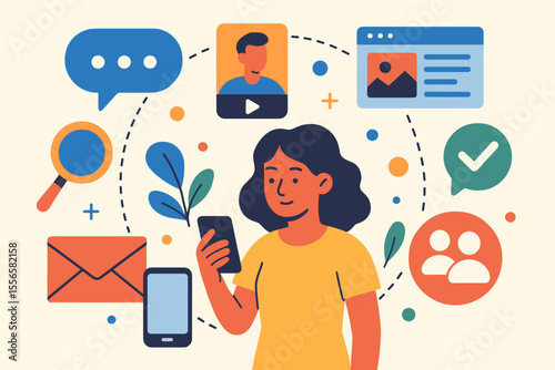 Woman using a smartphone for internet communication. Social media networking concept with icons for chat, video, news, messages, email, and search. Flat vector illustration for mobile apps.