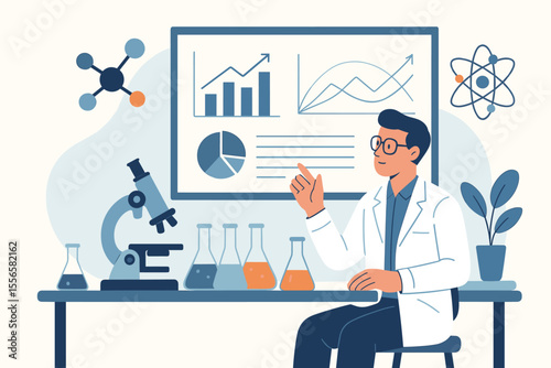 Scientist in lab presenting research data. Male researcher analyzing statistics on charts and graphs. Concept for medical experiment, scientific discovery, chemistry, technology.