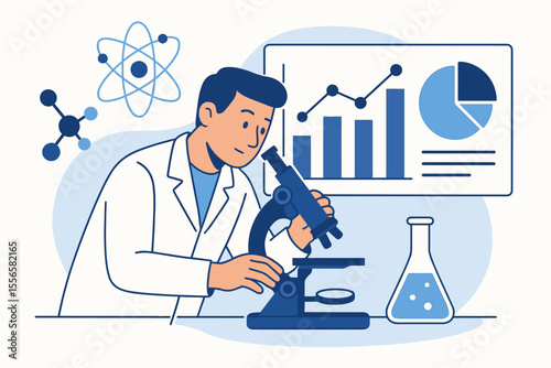 Scientist in lab coat conducts research using microscope. Man in laboratory studies statistical data results on chart. Concept for science, chemistry, medicine, biology and discovery.