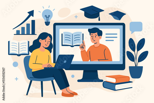 E-learning and online education concept. Woman studying on laptop watching video lesson. Teacher on computer screen. Distance learning, webinar, business training, tutorials, knowledge.