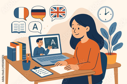 Online language courses concept. Student learns foreign languages like English, German, French on laptop. E-learning, distance education, home schooling vector flat illustration.