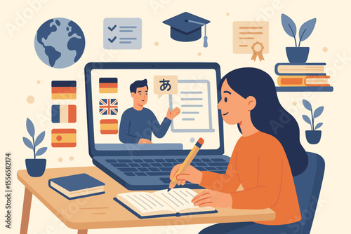 Online language course vector illustration. Student at home learning foreign languages with tutor via laptop. Distance education, e-learning, webinar, and exam preparation concept.