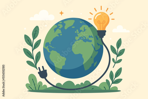 World Earth Day concept illustration. Save energy and protect the planet design for Earth Hour. Vector cartoon of globe with lightbulb, plug and nature. Green sustainability idea.