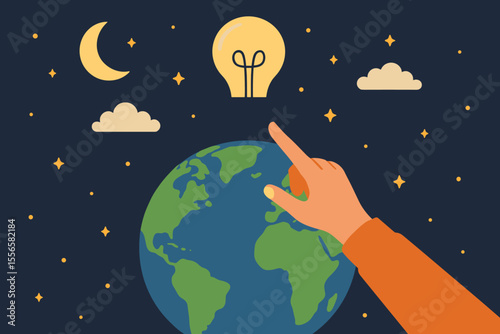 Earth Hour vector illustration with hand turning off light bulb over planet. Concept for saving energy, electricity conservation, and protecting the environment from climate change.