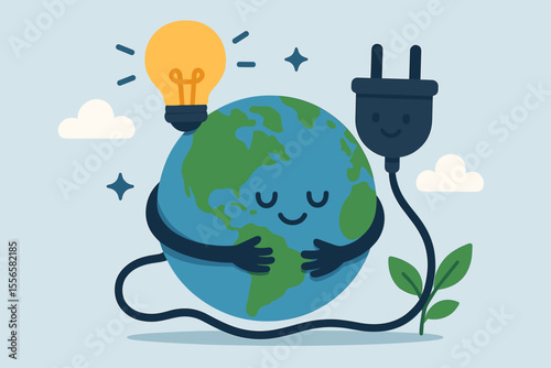 Earth Hour vector illustration of saving energy. Cute cartoon planet Earth character with a power plug and lightbulb. Green energy, ecology, and sustainability conservation concept.