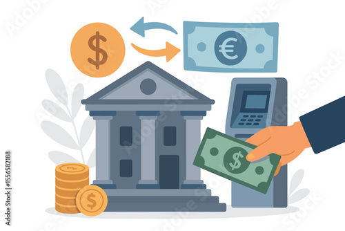 Banking and finance concept with bank building and ATM. Currency exchange between dollar and euro. Financial services, investment, payment, savings, and cash withdrawal vector cartoon.