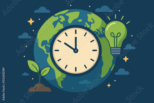 Save the planet concept for Earth Hour and World Earth Day. Vector illustration of a clock on planet Earth at night with green light bulb and plant. Environmental conservation design.