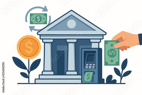 Banking and finance concept with bank building and ATM. Flat vector illustration showing money deposit, withdrawal, and currency exchange. Financial services, investment, and savings growth.