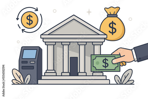 Banking and finance concept with bank building, ATM, and money bag. Flat vector illustration of financial services, currency exchange, savings, deposit, payment, and investment.
