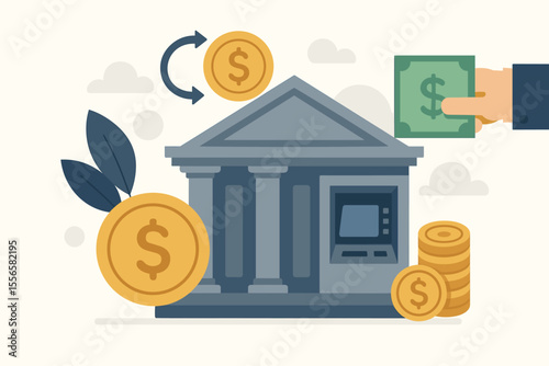 Bank building vector flat illustration. Financial services, money exchange, currency transaction, and savings concept. Banking, investment, deposit, withdrawal with ATM and cash.