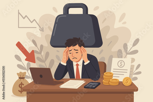 Economic crisis financial problems business bankruptcy stress concept. Office worker overwhelmed by debt, unpaid loans, falling profits, heavy burden, money loss, headache, modern vector illustration