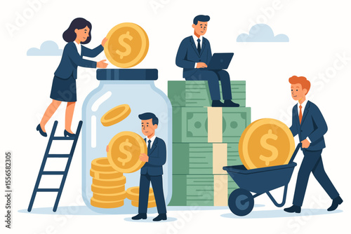 Financial services vector concept. Tiny business people saving money in a big jar. Banking, investment, and wealth management teamwork. Capital accumulation, profit growth flat cartoon.