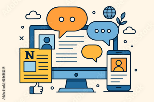 Modern flat vector illustration of online communication, social networking, news sharing, chat dialogue speech bubbles, website interface, digital media, mobile and desktop technology concept